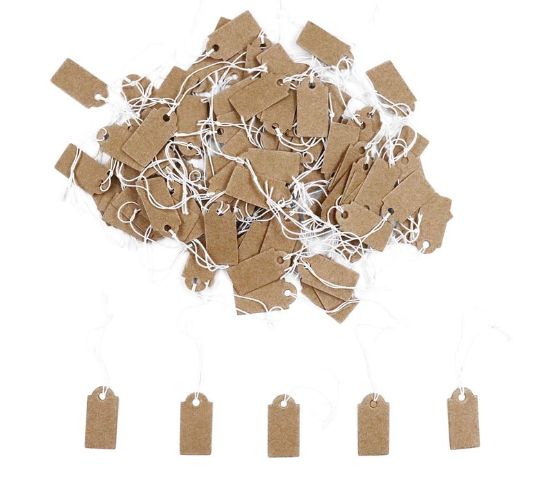 Sowaka 100 Pcs Display Tags with Hanging String Mini Writable Blank Label Display Tags for Jewelry Store Price Marking Ornament Pricing Product Clothing Hanging Tags (Small, Kraft) - Image 1